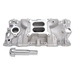Edelbrock 2703 Performer Intake Manifold Small Block Chevy W/ Oil Fill. Fixed Price $349.95.